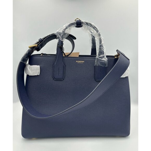 Burberry Medium Banner House Check Derby Leather Tote Shoulder Bag Regency Blue - Picture 4 of 16